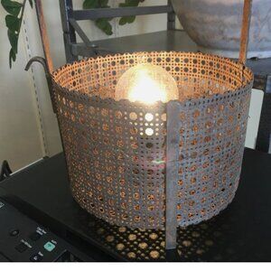 Vtg Folk Art Electric Lamp Metal Basket Industrial Look 10"